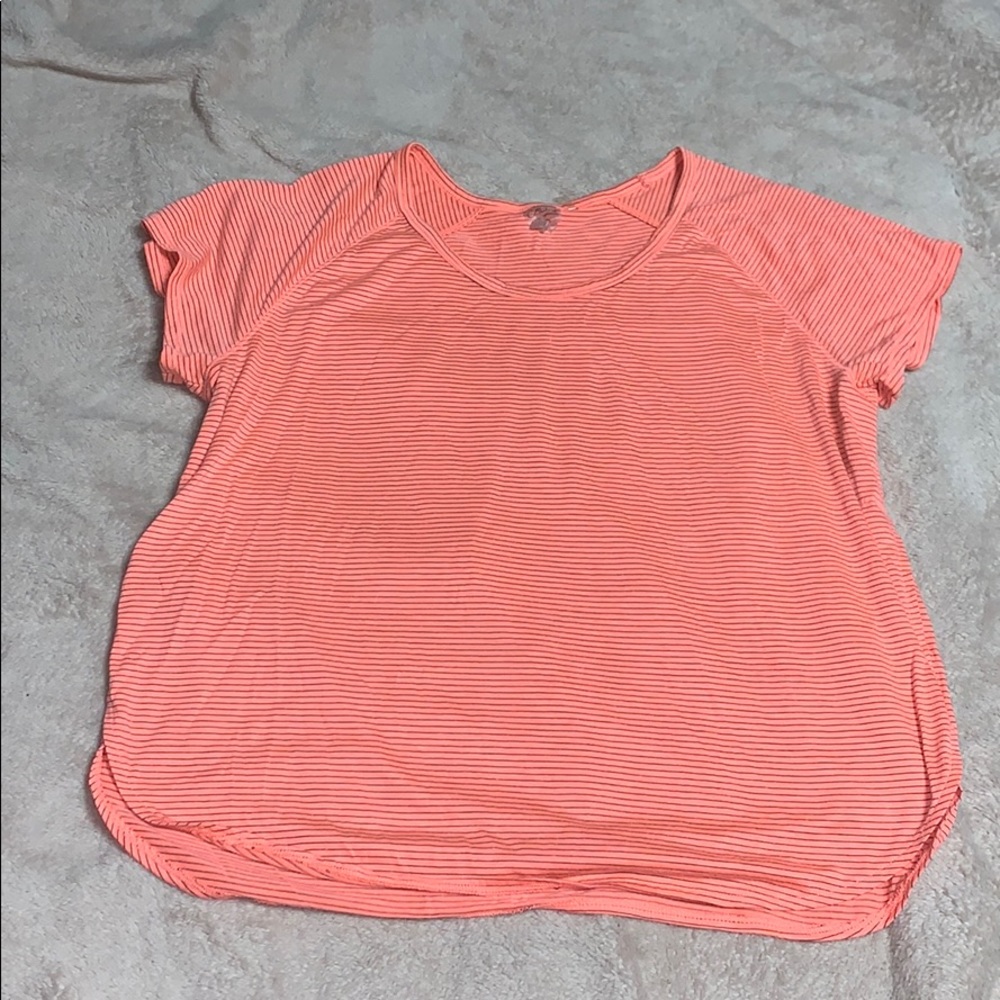 Coral & navy blue stripe workout shirt w side slit